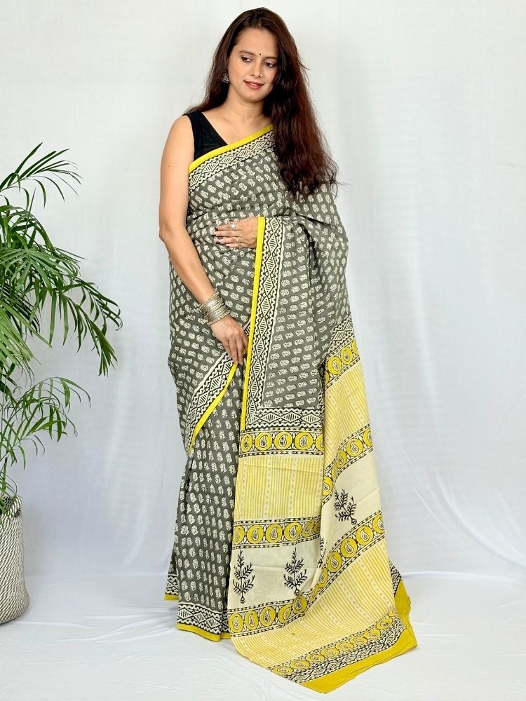 Classic Appeal – Yellow & Green Pure Cotton Handloom Saree